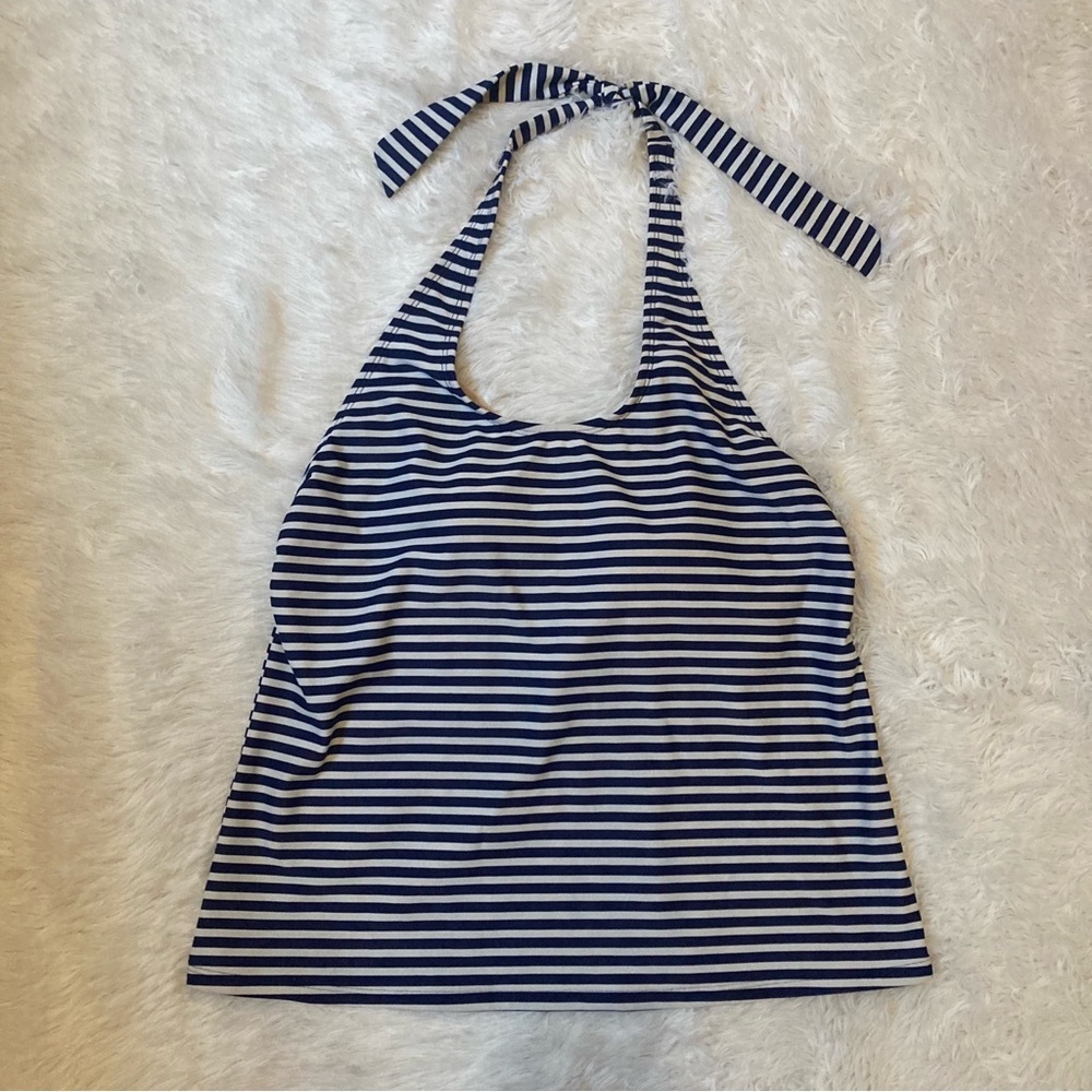 L.L. Bean navy blue and white striped tankini top
